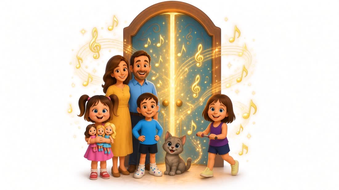 המשפחה של סול עומדת ליד הדלת, ותווים עפים באוויר